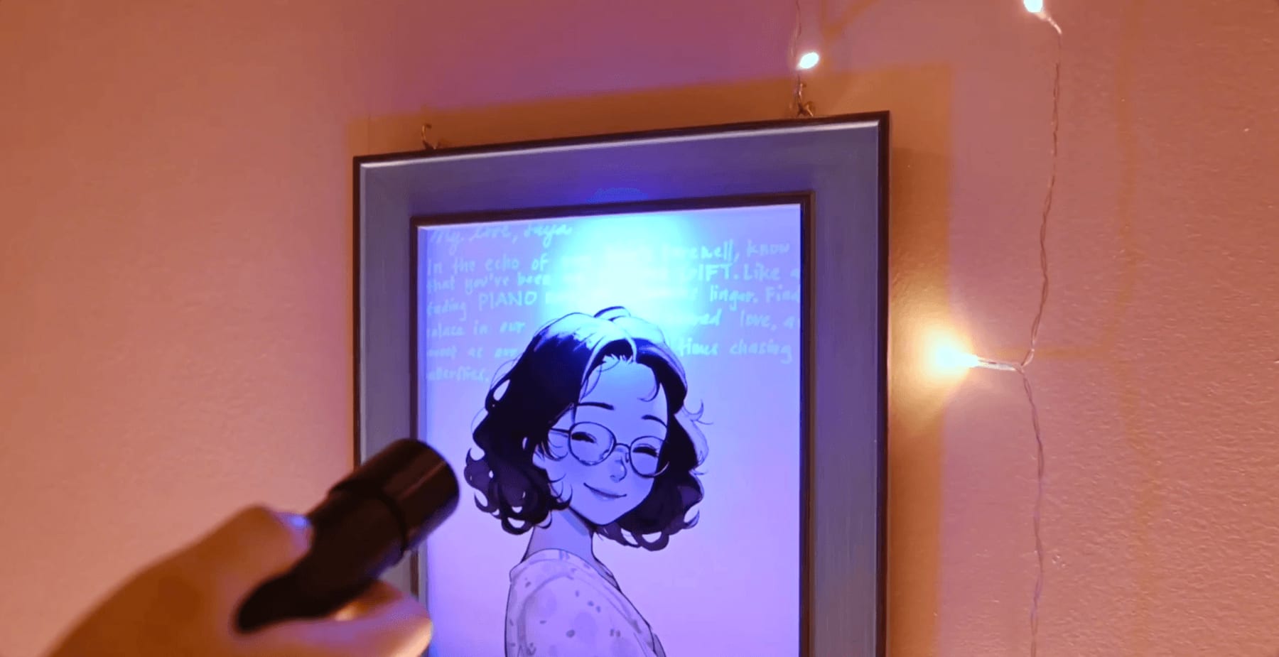 Saya's illuminated portrait in the finished room