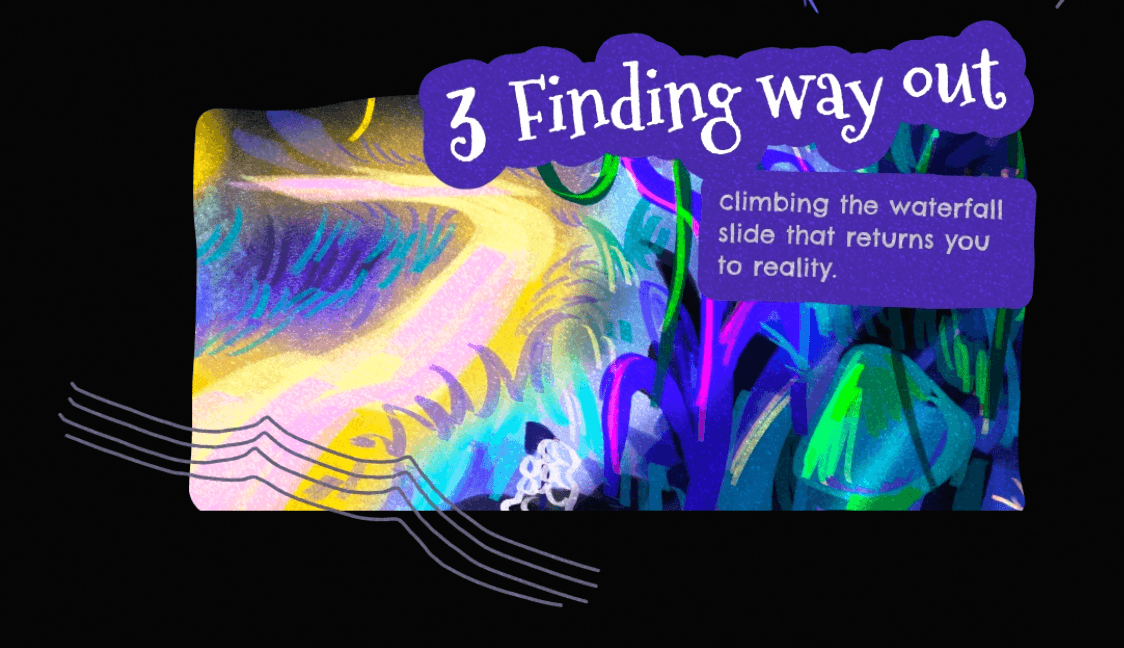 Finding the way out through the waterfall slide that returns the player to reality